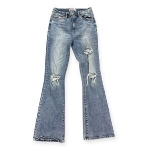 Daze Flare Jeans Women's Size 27 Blue Light Wash Distressed High Rise Stretch